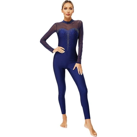 Doomiva Womens Shiny Long Sleeve Gymnastics Dance Unitard Full Body Jumpsuit One Piece Ballet Leotard Navy Blue L