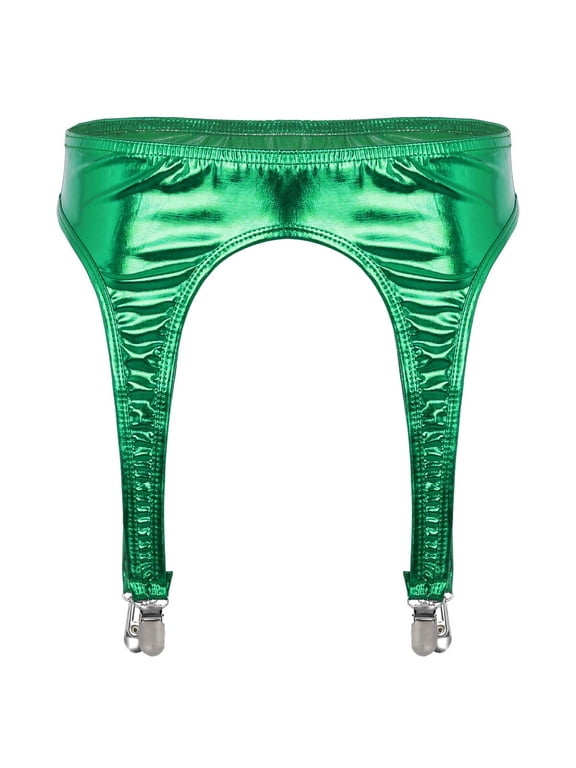Womens Shiny Metallic Garter Belt with Metal Duck-Mouth Clips for High Stockings Suspender Green One Size