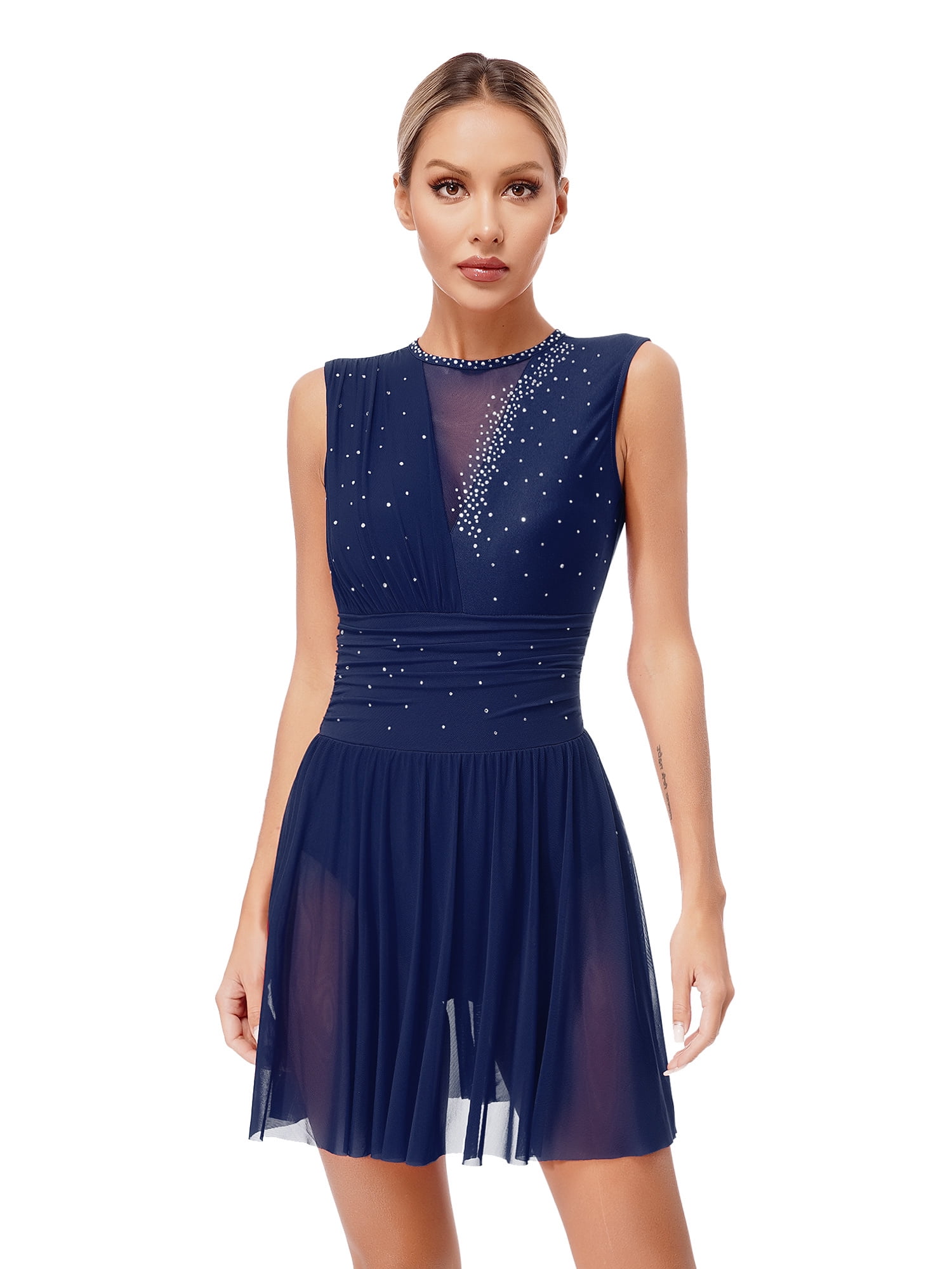 Doomiva Womens Shiny Rhinestone Sleeveless Figure Ice Skating Dress ...