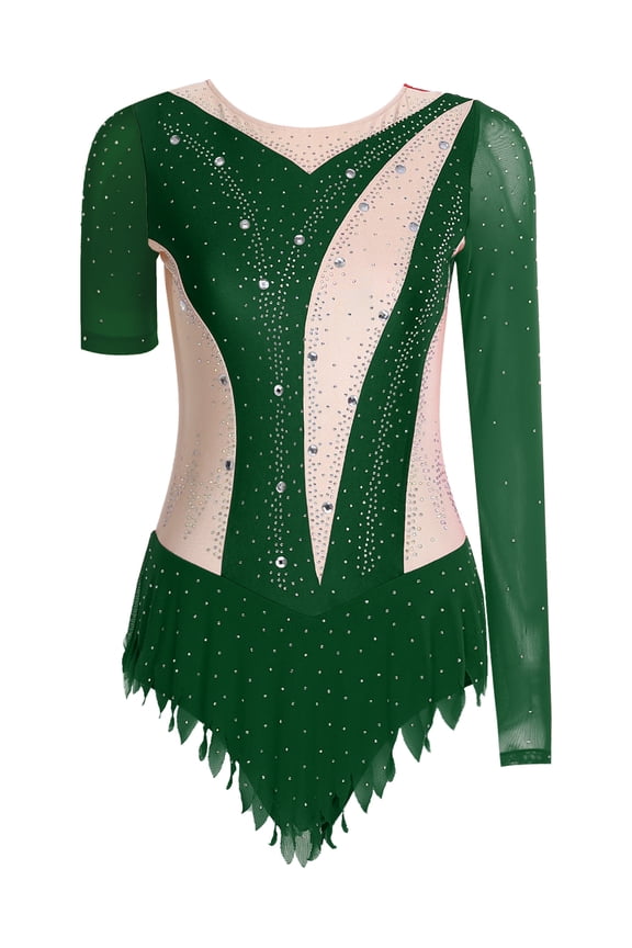 Womens Shiny Rhinestones Figure Skating Dress Ballet Dance Skirted Leotard Green S