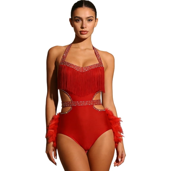 Doomiva Womens Sparkly Rhinestone Halter Sleeveless Feather Latin Jazz Ballet Dance Skirted Leotard Red S