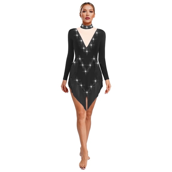 Doomiva Womens Tassel Latin Samba Dance Dresses Long Sleeve Irregular Hem Dress Black XL