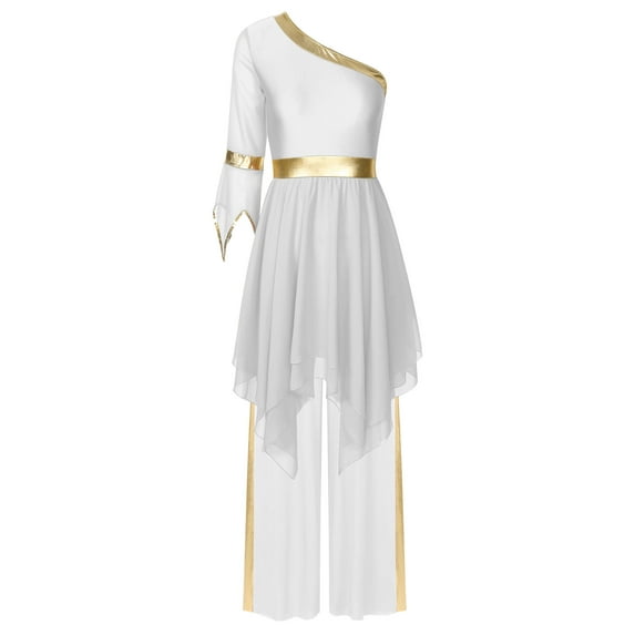 Doomiva Womens Worship Dance Praise Dress with Wide-Leg Pants Liturgical Dance 2PCS Outfit White XXL