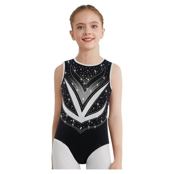 Doomiva Youth Girls Athletic Dance Apparel Shiny Rhinestones Ballet Leotard Active Bodysuit Gymnastics Biketard Black 14