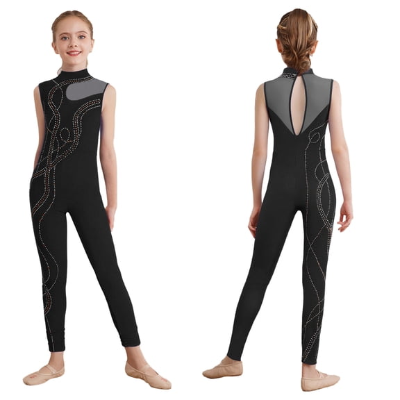 Doomiva Youth Girls Gymnastics Leotard Full Body Unitard Dance Performance Biketards Figure Ice Skating Bodysuit Black 12