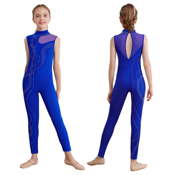 Doomiva Youth Girls Gymnastics Leotard Full Body Unitard Dance Performance Biketards Figure Ice Skating Bodysuit Blue 8