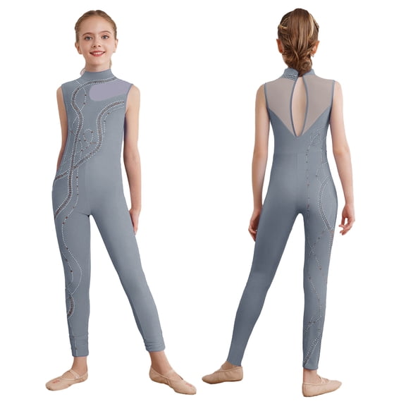 Doomiva Youth Girls Gymnastics Leotard Full Body Unitard Dance Performance Biketards Figure Ice Skating Bodysuit Grey 6