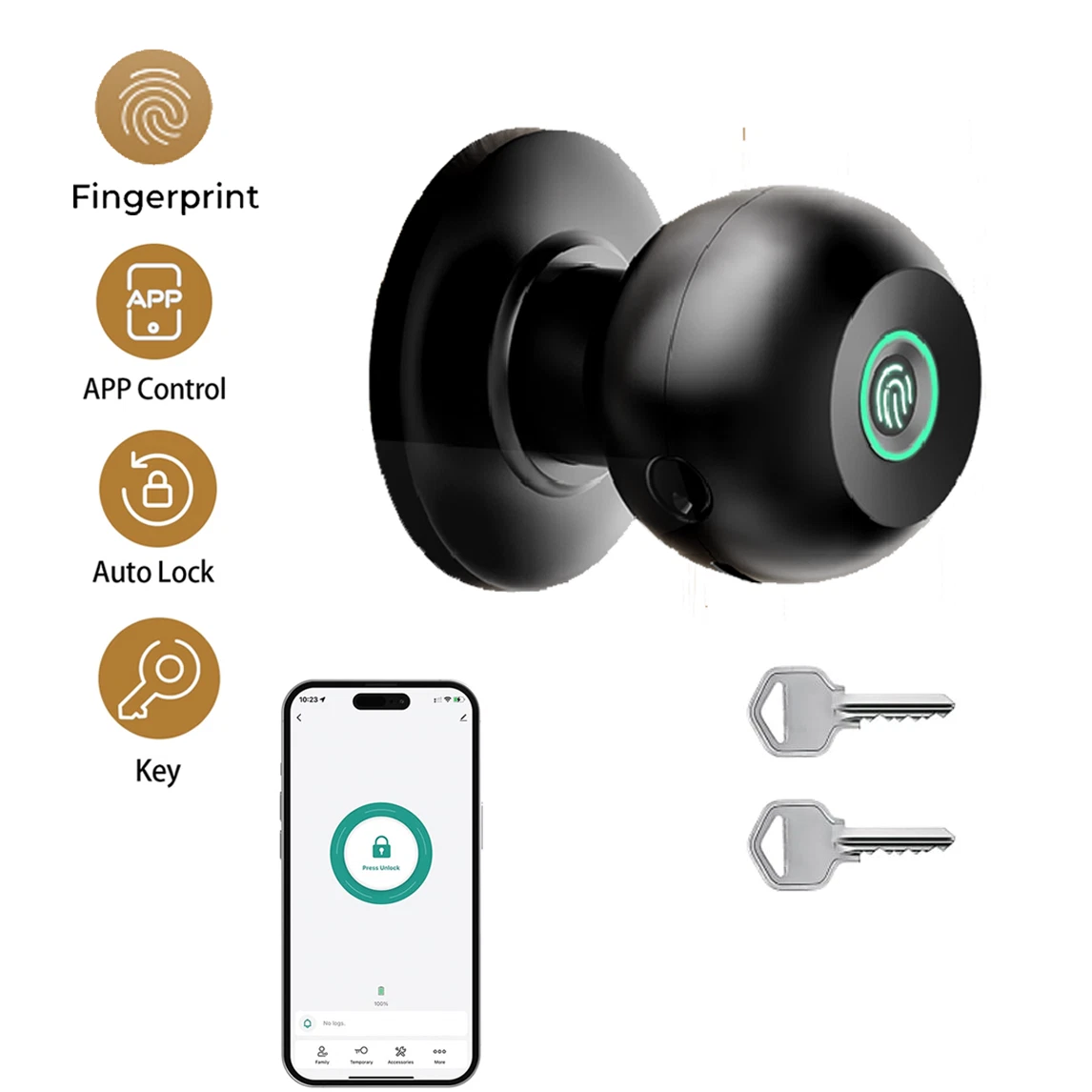 BITIWEND Smart Door Knob,Keyless Smart Door Lock Smart Dead bolt with App Control & Fingerprint & 2 Keys,Electronic Door Lock for Home, Apartment, Office,Bronze