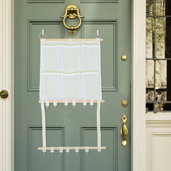 Door Back Storage Bag White with 6 Breathable Mesh Pockets and 13 Metal Hooks