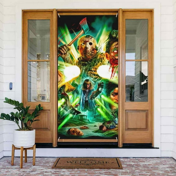 Door Banner Decorations Jason Voorhees Friday the 13th Porch Sign Banner Indoor Outdoor Wall Home Party Supplies 72.8 x 35.4 Inch