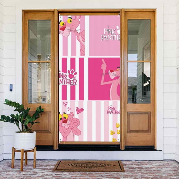 Door Banner Decorations Pink Panther Porch Sign Banner Indoor Outdoor Wall Home Party Supplies 72.8 x 35.4 Inch