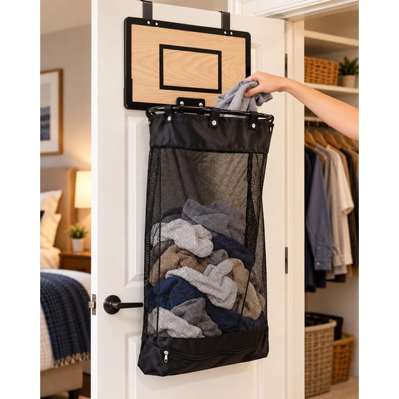Over the Door Basketball Laundry Hamper, Basketball Hoop Laundry Basket for Bedroom & Dorm, Space Saving Hanging Dirty Clothes Organizer with 40 × 26 cm Backboard, 80 cm Laundry Bag,Black
