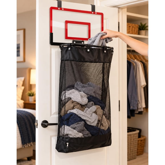 Over the Door Basketball Laundry Hamper, Basketball Hoop Laundry Basket for Bedroom & Dorm, Space Saving Hanging Dirty Clothes Organizer with 40 × 26 cm Backboard, 80 cm Laundry Bag,Black