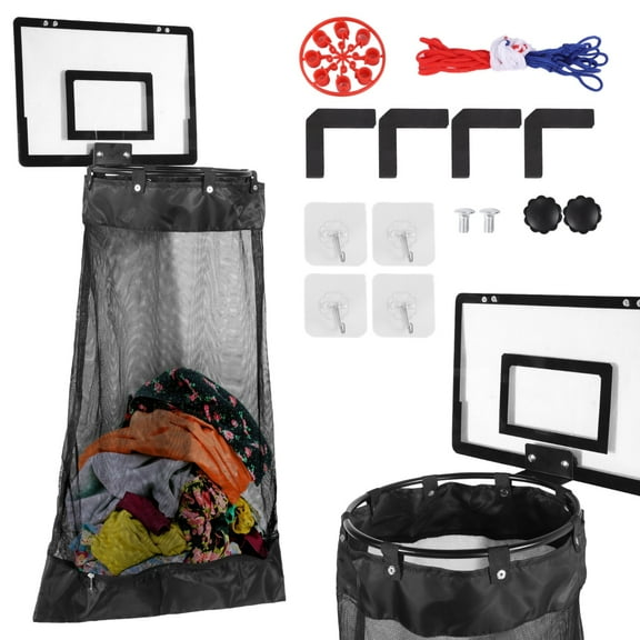Over the Door Basketball Laundry Hamper, Hanging Laundry Basket with Basketball Hoop & Zipper, Black Net Laundry Bag for Door Hanging, Removable Mesh Bag, Fun and Space-Saving for Families