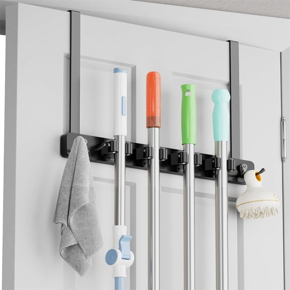 Over the Door Broom Holder, Mop and Broom Holder Door Mount, Hanging Organizer with 4 Racks & 2 Hooks, Wooden Hanger Storage Decor, Laundry Tool Organizer for Closet Garage, No Drills