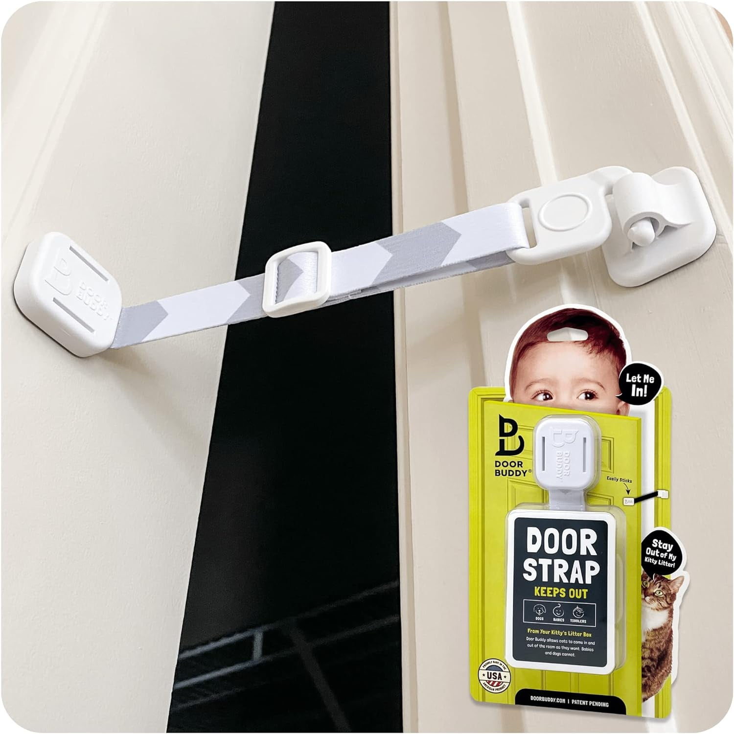 Neobay Child Proof Door Lock with Adjustable Door Strap and Latch. No Need  for Interior Cat Door. Keep Toddler Out of Room with Litter Box While Let