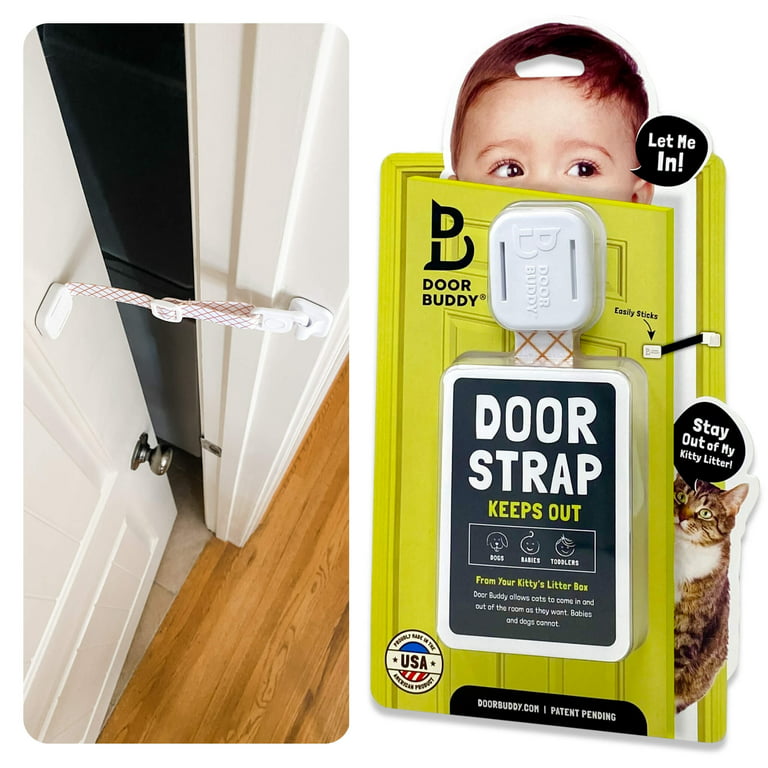 Neobay Child Proof Door Lock with Adjustable Door Strap and Latch. No Need for Interior Cat DOOR. Keep Toddler Out of Room with Litter Box While Let