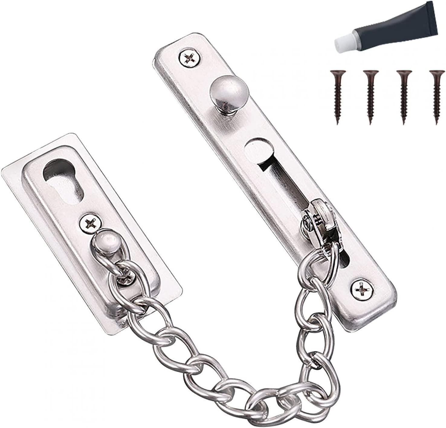 Door Chain Lock. Stainless Steel Security Chain Guard with an ti-Theft Chain.  Heavy Duty Reinforced Safety Door Latch Lock for Home Bedroom Hotel  Office(Silver) 