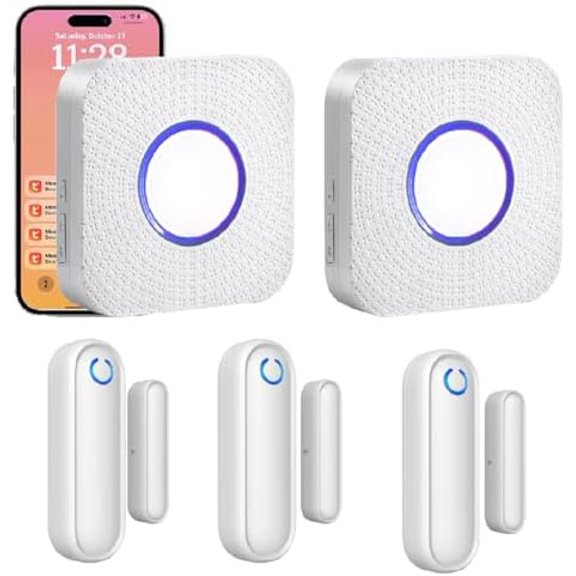 Door Chime with Phone App,WiFi Door Open Contact Sensor Alarm Chime with 600 FT Range,WiFi Door Ringer Alert for Business/Store/Home/Office When Enter (Three Sensor Two Gateway)