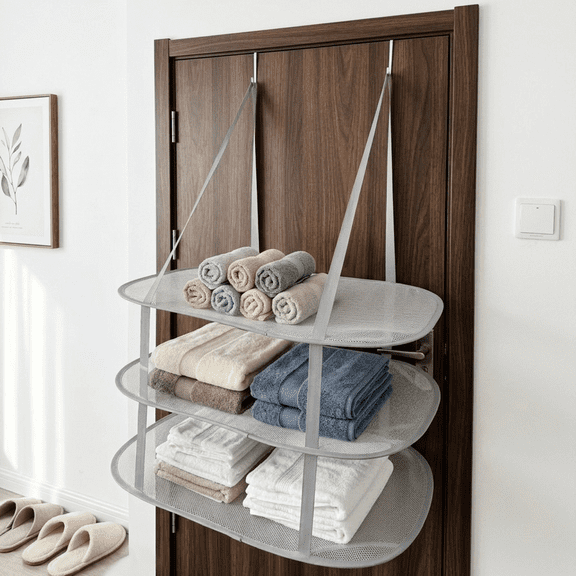 Over The Door Clothes Drying Rack, 3-Tier Mesh Flat Foldable Sweater Drying Rack with Metal Hooks, Space-Saving Hanging Laundry Drying Rack for Socks, White & Gray