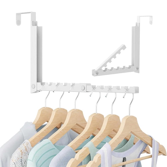 Over the Door Clothes Drying Rack Collapsible Laundry Valet with Extension Rod Drill Free Bi-Fold Hanging Organizer Bar for Space Saving Home Storage White