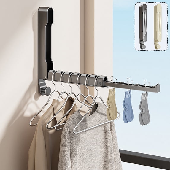 Over the Door Clothes Drying Rack with Hooks and Sock Clips - Foldable Wall Mounted Towel Hanger for Bathroom Laundry Room - Space Saving Retractable Storage Organizer