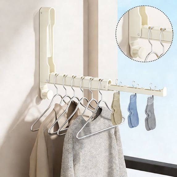 Over the Door Clothes Drying Rack with Hooks and Sock Clips - Foldable Wall Mounted Towel Hanger for Bathroom Laundry Room - Space Saving Retractable Storage Organizer