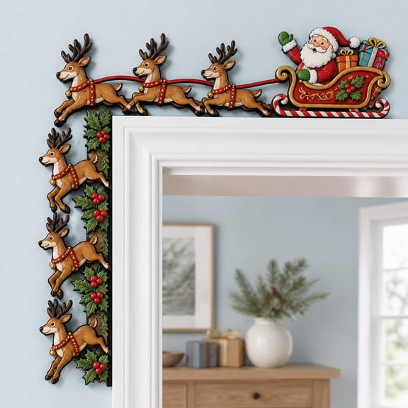 Door Corner Decor Santa Reindeer Christmas Wooden Door Frame Topper for Holiday Home Decor