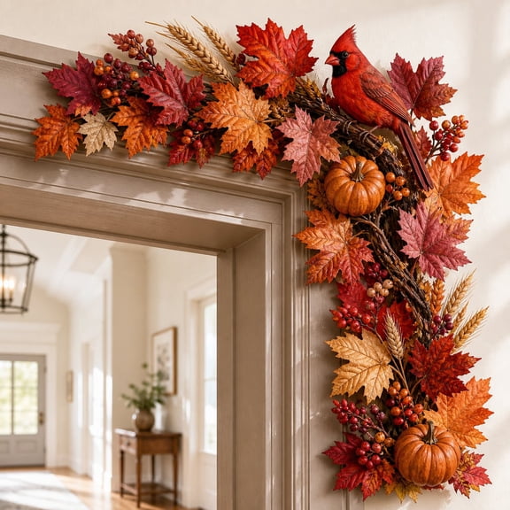 Door Corner Sign, Cardinal Fall Maple Leaf Pumpkin Entryway Decor for Autumn Home