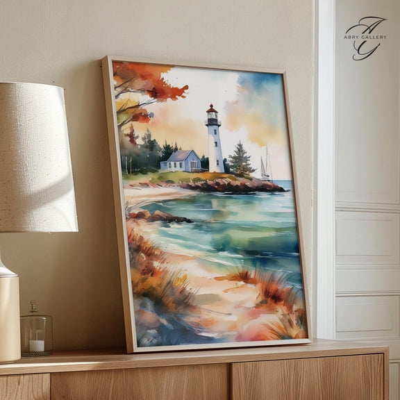 Door County Art : Wisconsin Lakeside Lighthouse, Autumn Landscape Cit77 Unframed Paper Print