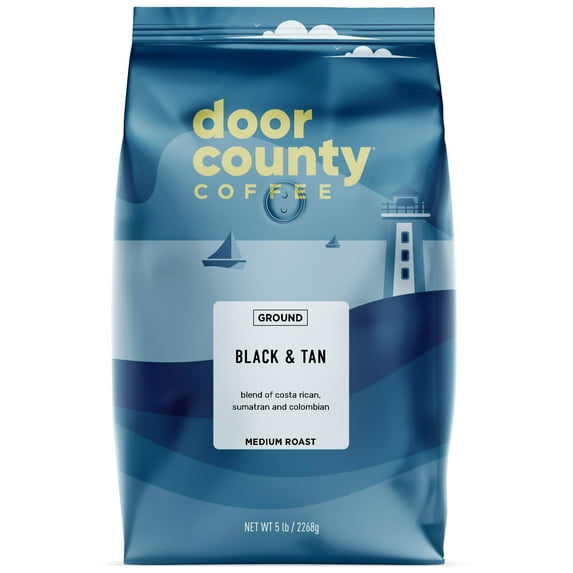 Door County Coffee Black & Tan, (Sumatra, Costa Rica & Colombia) Specialty Grade 1 Arabica Coffee, Ground 5 LB