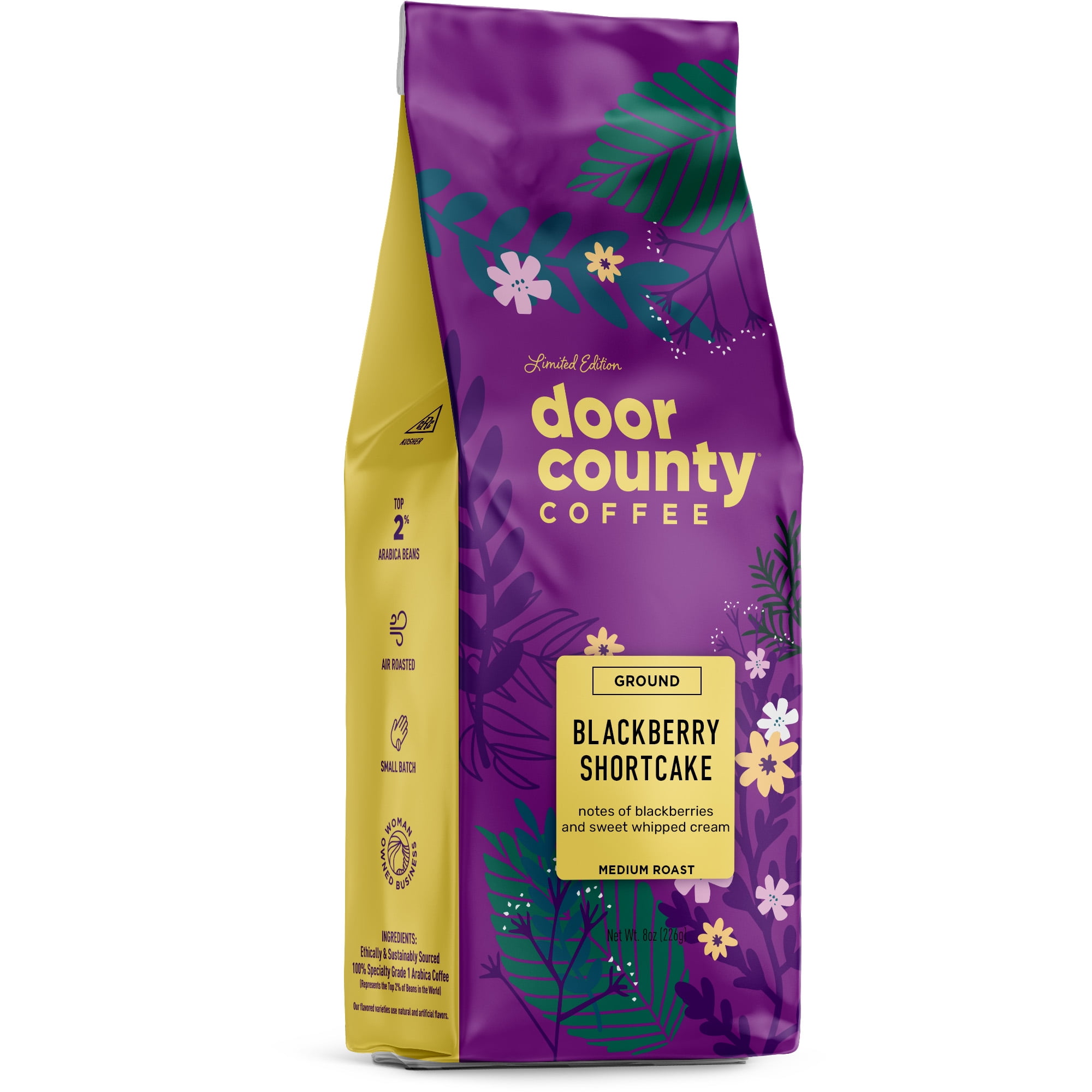 Door County Coffee Blackberry Shortcake Flavored Specialty Arabica Coffee, Medium Roast, Ground, 8oz Bag (Spring & Summer Limited Edition)