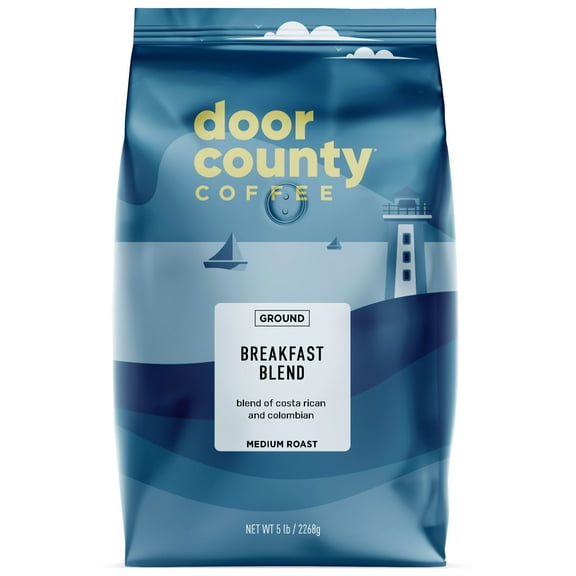 Door County Coffee Breakfast Blend, Sumatra, Costa Rica and Colombia Specialty Arabica Coffee, Ground, 5 LB