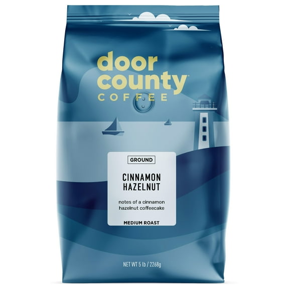 Door County Coffee Cinnamon Hazelnut, Cinnamon & Hazelnut Flavored Specialty Arabica Coffee, Ground, 5 LB