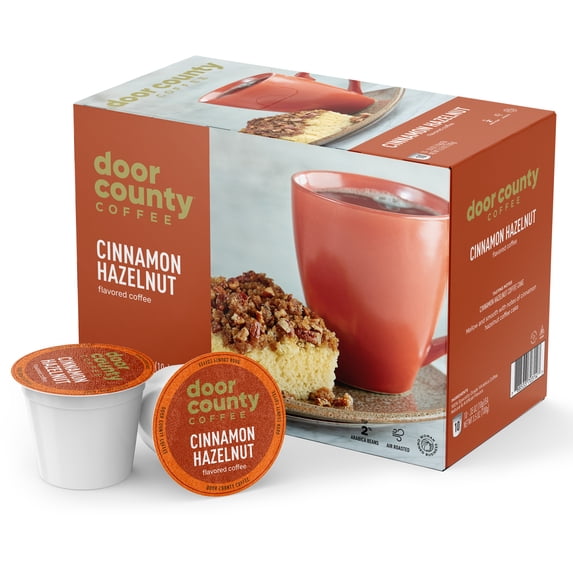 Door County Coffee Cinnamon Hazelnut, Cinnamon & Hazelnut Flavored Specialty Arabica K Cup/Single-Serve Coffee Pods, Medium Roast, 10 Ct Box, Compatible with all Keurig K Cup Brewers