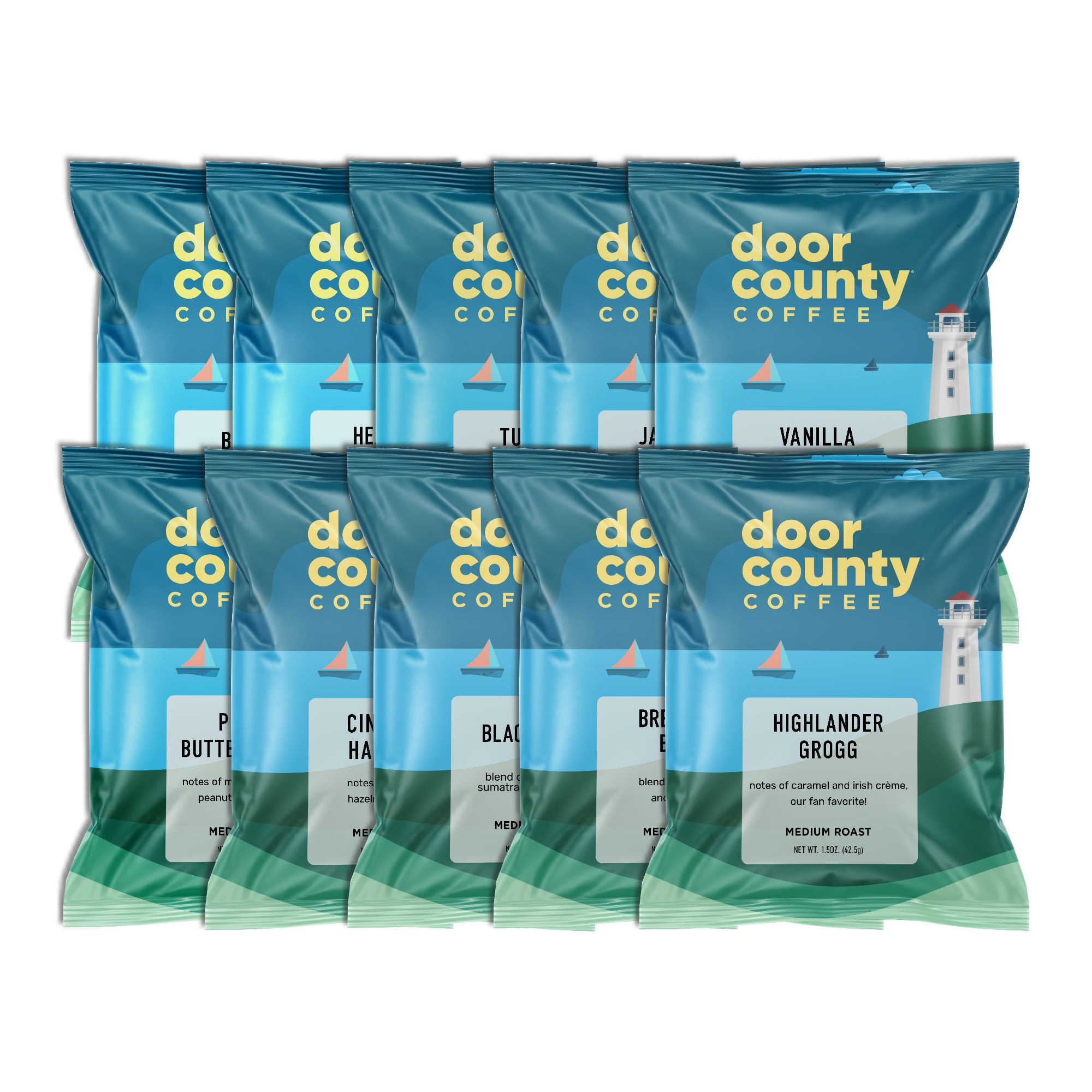 Door County Coffee Ground Coffee Sampler Pack, 10 Unique Coffees