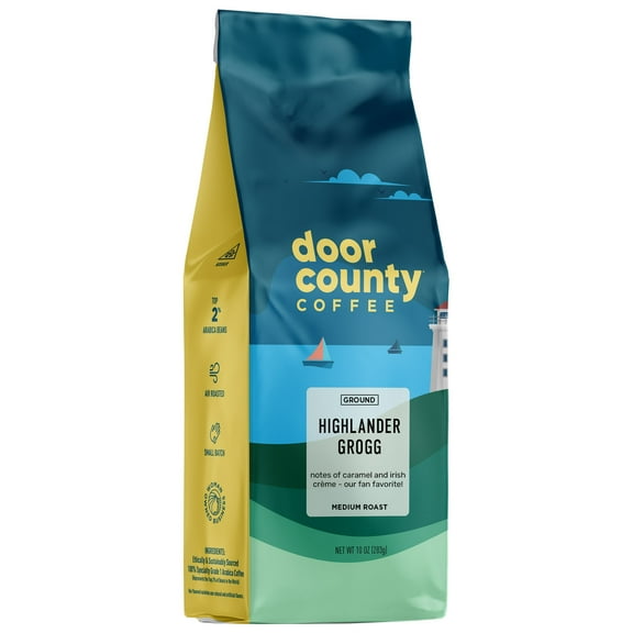Door County Coffee, Highlander Grogg, Irish Creme and Caramel Flavored Coffee, Medium Roast, Ground Coffee, 10 oz Bag