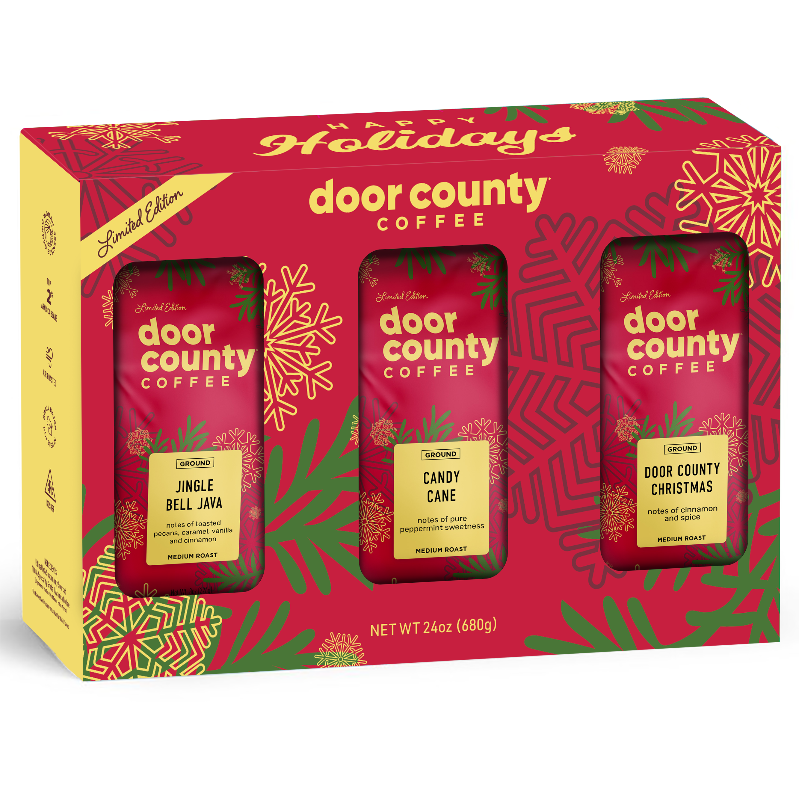 Door County Coffee Holiday Coffee Gift Set, Specialty Grade 1 Arabica, Contains Mistletoe Mocha, Door County Christmas & Jingle Bell Java Flavored Coffee, 8oz Bags, 3pk