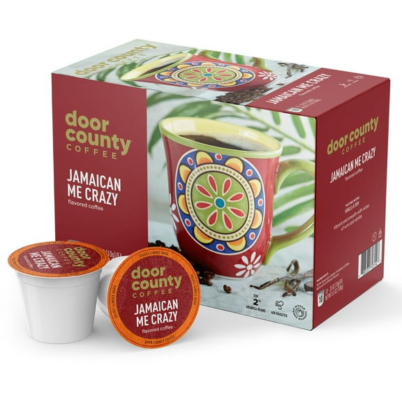 Door County Coffee Jamaican Me Crazy, Vanilla & Dark Rum Flavored Specialty Arabica K Cup/Single-Serve Coffee Pods, Medium Roast, 10 Ct Box, Compatible with all Keurig K Cup Brewers