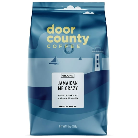 Door County Coffee Jamaican Me Crazy, Vanilla & Dark Rum Flavored Specialty Arabica Coffee, Ground, 5 LB
