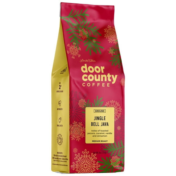 Door County Coffee Jingle Bell Java, Chocolate, Vanilla & Nut Flavored Specialty Coffee, Medium Roast, Ground, 8oz Bag (Holiday Limited Edition)