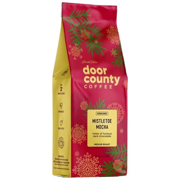 Door County Coffee Mistletoe Mocha, Dark Chocolate Flavored Specialty Arabica Coffee, Medium Roast, Ground, 8oz Bag (Holiday Limited Edition)