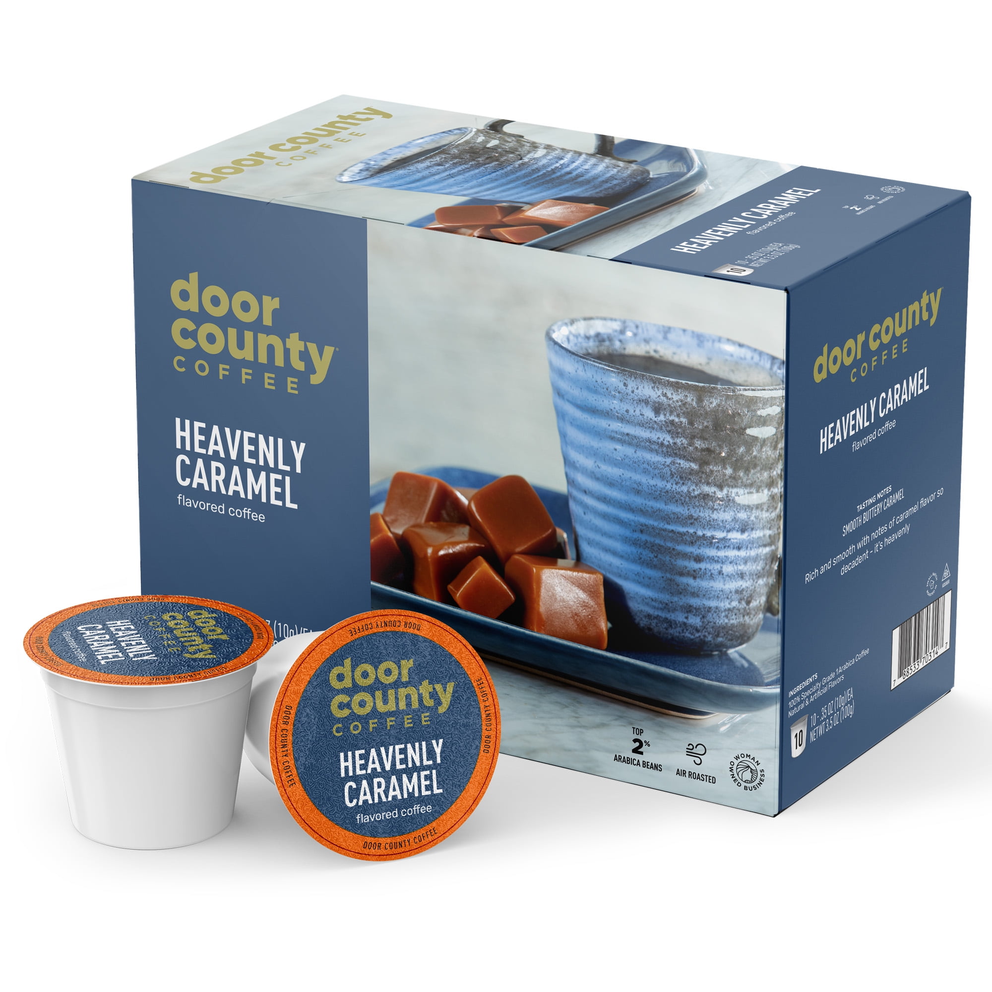 Door County Coffee, Single Serve Cups for Keurig Brewers, Heavenly Caramel Flavored Coffee, Medium Roast, Ground Coffee, 10 Count