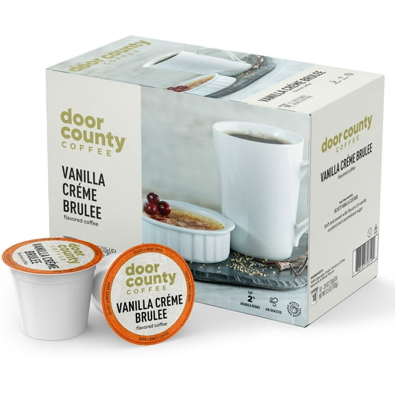 Door County Coffee Vanilla Crme Brulee, Vanilla & Caramelized Sugar Flavored Specialty Arabica K Cup/Single-Serve Coffee Pods, Medium Roast, 10 Ct Box, Compatible with all Keurig K Cup Brewers