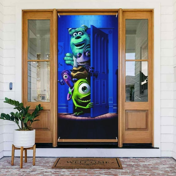 Door Cover Decor Monsters Inc Banner Composition Wall Door Decor Porch Sign for Porch Party Indoor Outdoor 72.8 x 35.4 Inch