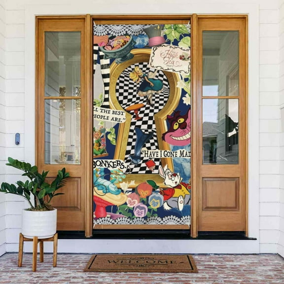 Door Cover Decoration Alice in Wonderland Hanging Banner Backdrop Tapestry Outdoor Party Decor 72.8 x 35.4 Inch