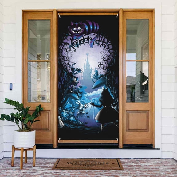 Door Cover Decoration Alice in Wonderland Hanging Banner Backdrop Tapestry Outdoor Party Decor 72.8 x 35.4 Inch