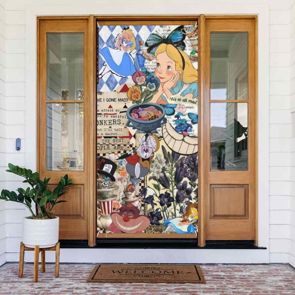 Door Cover Decoration Alice in Wonderland Hanging Banner Backdrop Tapestry Outdoor Party Decor 72.8 x 35.4 Inch