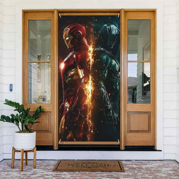 Door Cover Decoration,Iron Man Door Hanging Banner Background for Home Door Holiday Christmas Decoration(35.4"x72.8")
