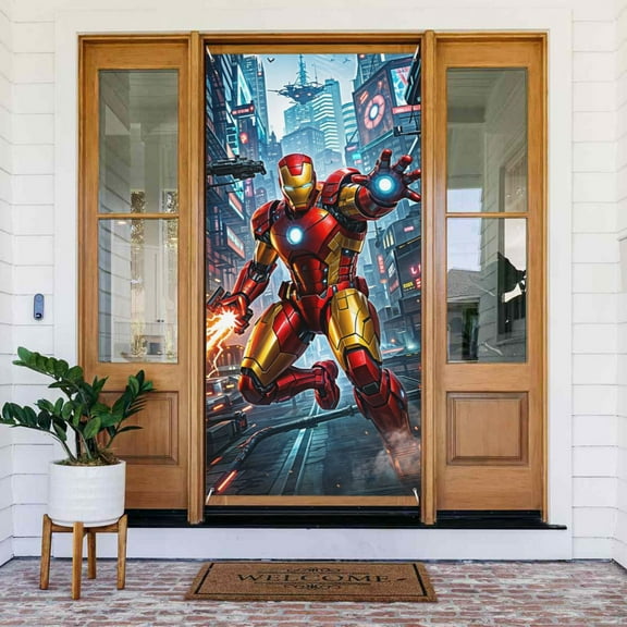 Door Cover Decoration,Iron Man Door Hanging Banner Background for Home Door Holiday Christmas Decoration(35.4"x72.8")
